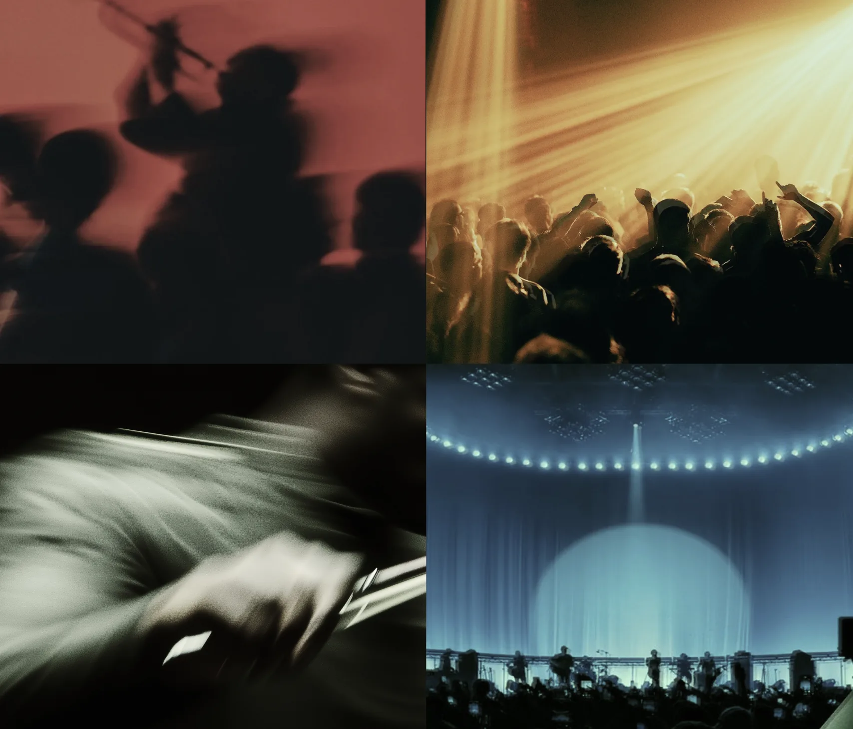 Four reference frames: a blurred brass player, a backlit crowd under stage rays, hands on strings smeared by a long exposure, and a stage under a single spotlight